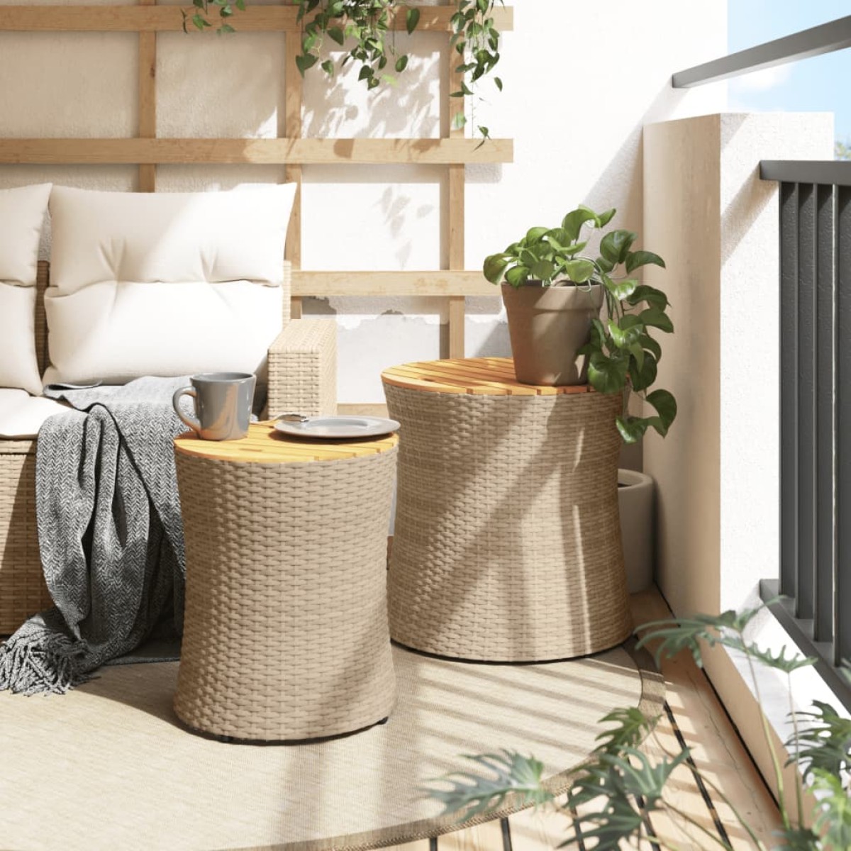 vidaXL Τραπεζάκια 2 τεμ. Μπεζ Συνθετικό Ρατάν με Ξύλινη Επιφάνεια