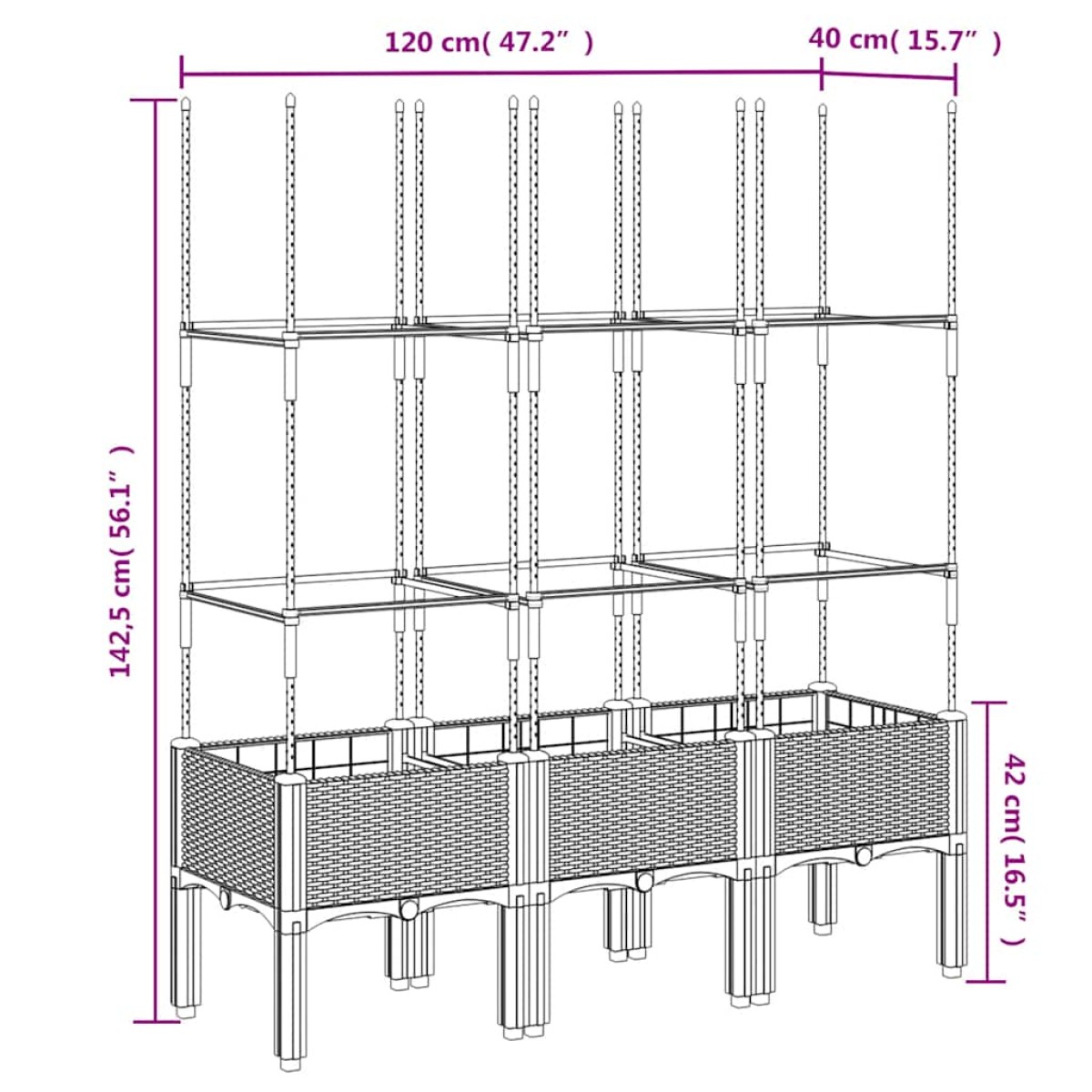 vidaXL Ζαρντινιέρα Κήπου με Καφασωτό Μαύρο 120 x 40 x 142,5 εκ. από PP