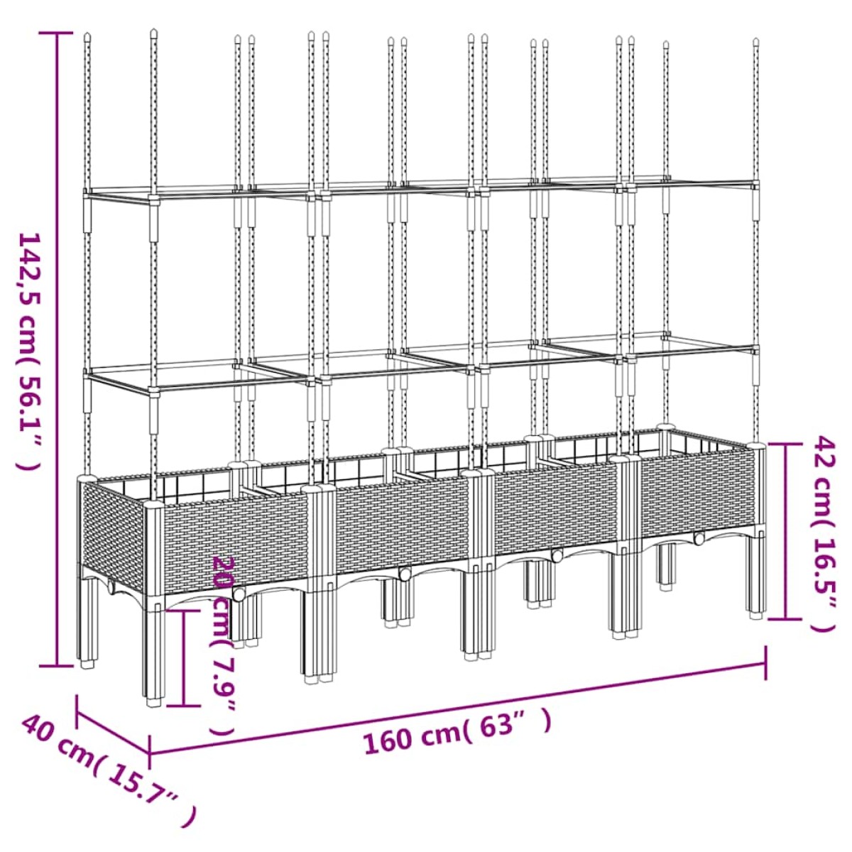 vidaXL Ζαρντινιέρα Κήπου με Καφασωτό Μαύρο 160 x 40 x 142,5 εκ. από PP