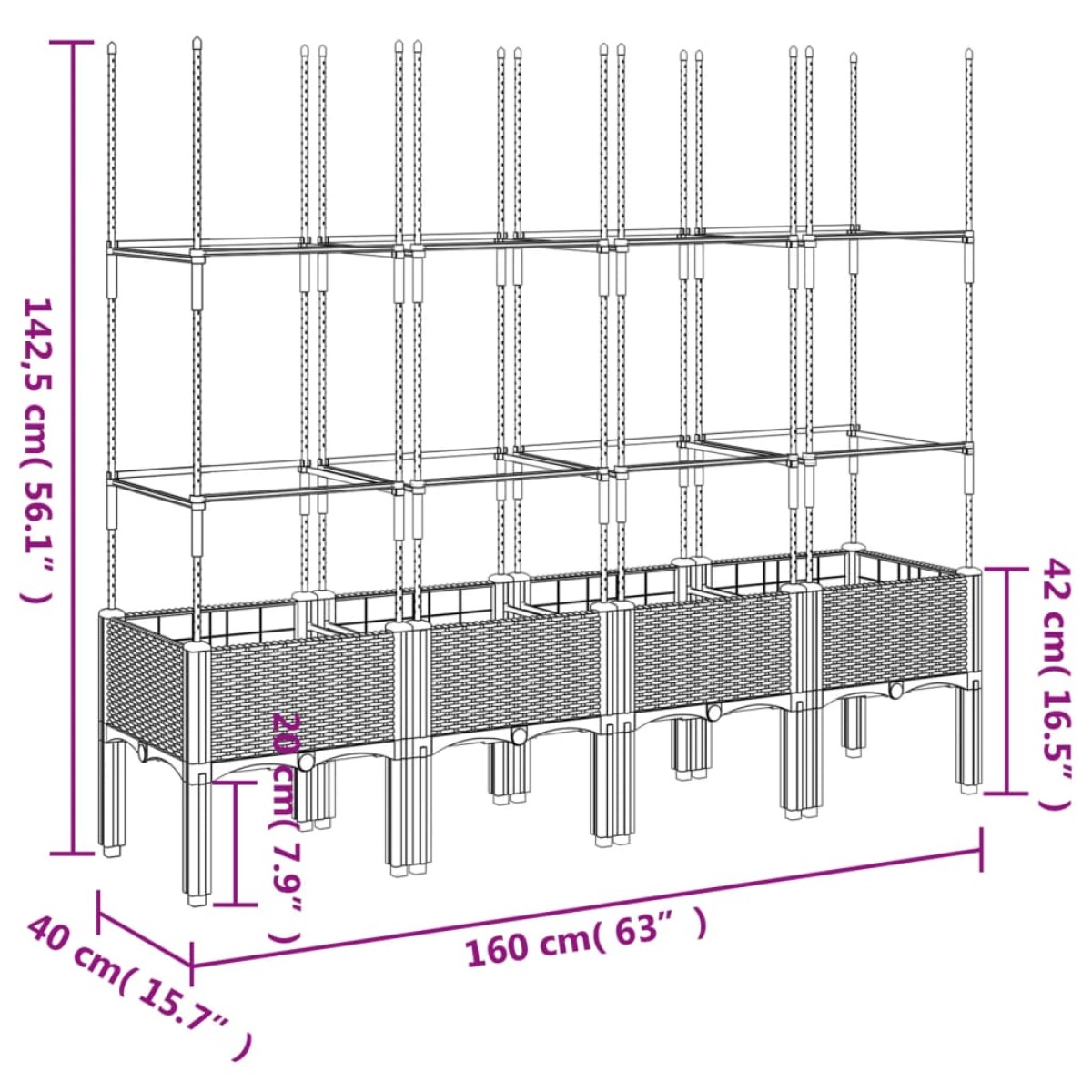vidaXL Ζαρντινιέρα Κήπου με Καφασωτό Λευκή 160x40x142,5 εκ. από PP