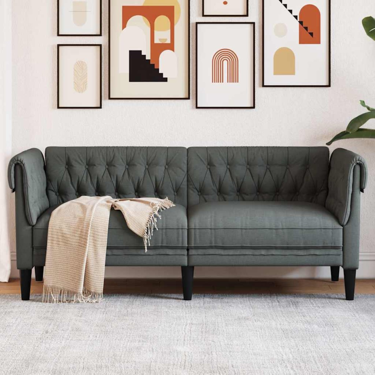 vidaXL Καναπές Διθέσιος Chesterfield Σκούρο Γκρι Υφασμάτινος