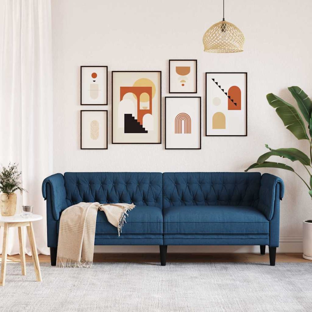 vidaXL Καναπές Τριθέσιος Chesterfield Μπλε Υφασμάτινος