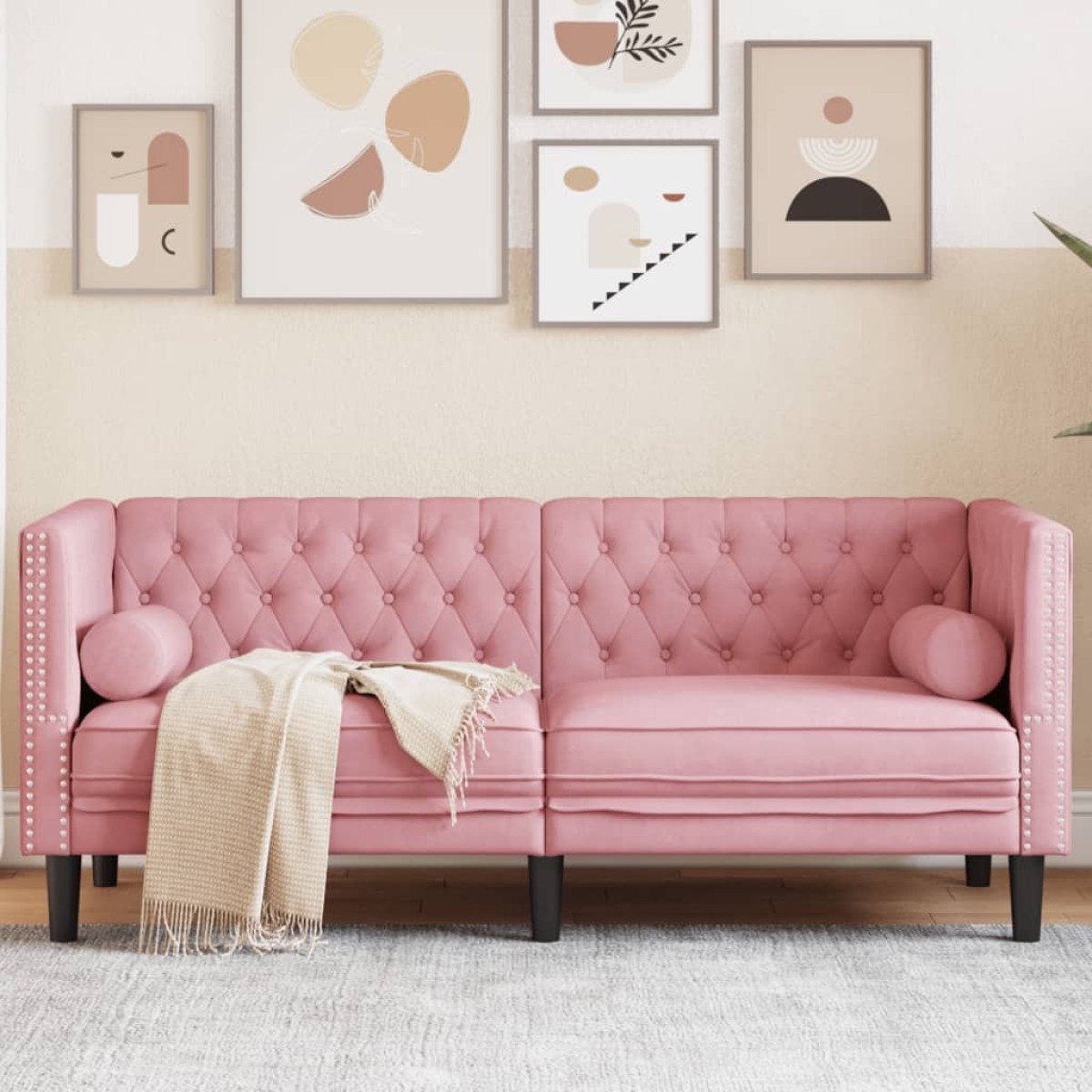 vidaXL Καναπές Chesterfield Διθέσιος με Στηρίγματα Ροζ Βελούδο