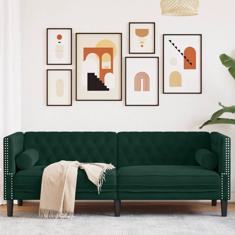 vidaXL Καναπές Τριθέσιος Chesterfield + Στηρίγματα Σκ. Πράσινο Βελούδο