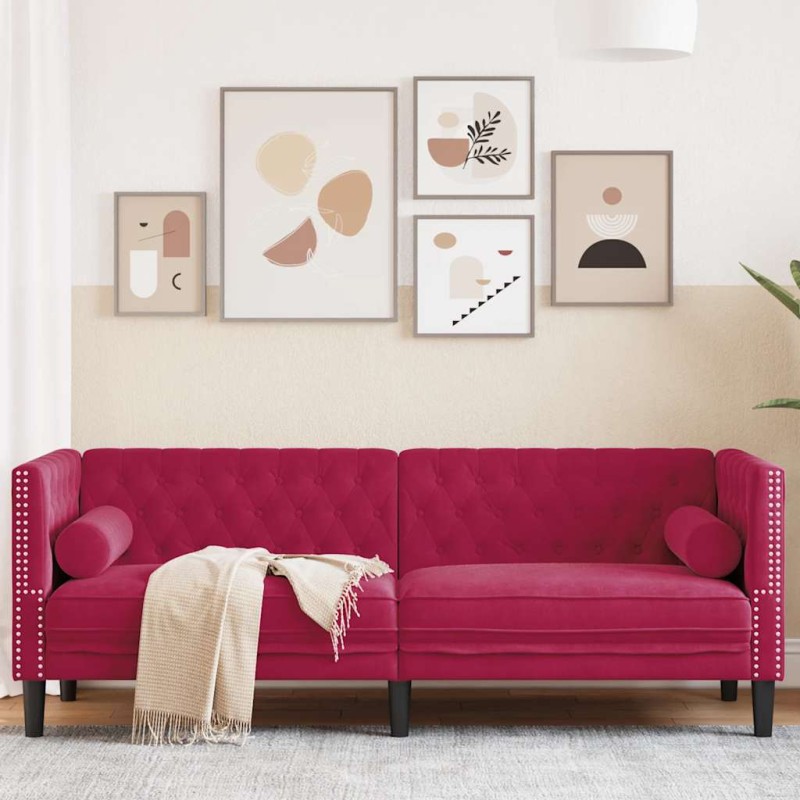 vidaXL Καναπές Διθέσιος Chesterfield με Στηρίγματα Μπορντό Βελούδο