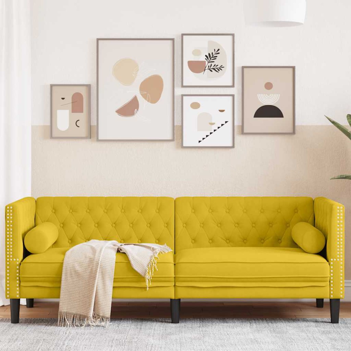 vidaXL Καναπές Διθέσιος Chesterfield με Στηρίγματα Κίτρινος Βελούδο