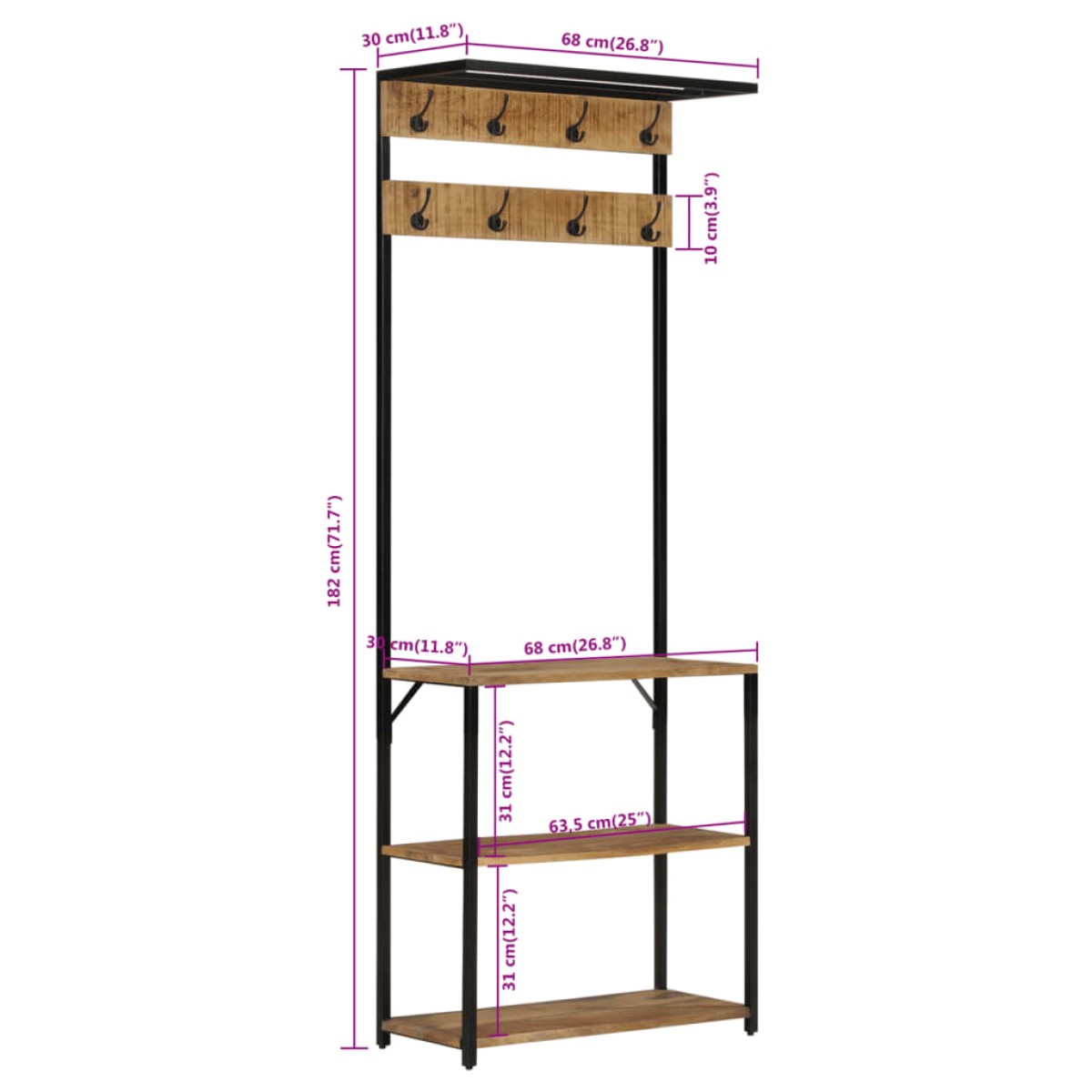 vidaXL Καλόγερος Χώρο Αποθ. Παπουτσιών 68x30x182 εκ Μασίφ Ακατ. Μάνγκο