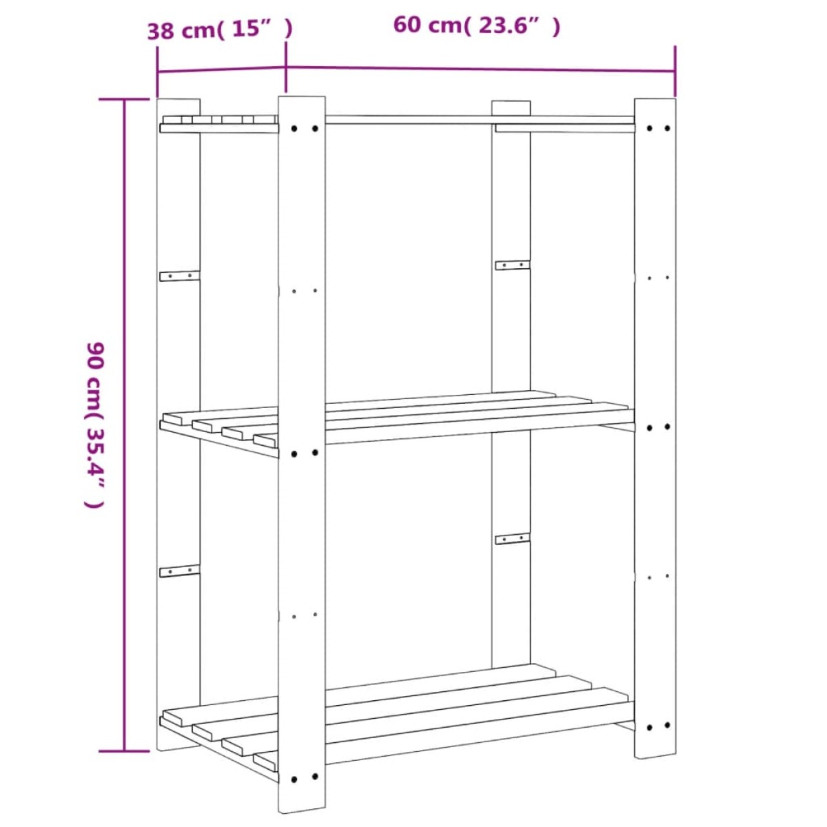 vidaXL Ραφιέρα με 3 Ράφια Μαύρο 60 x 38 x 90 εκ. Μασίφ Ξύλο Πεύκου