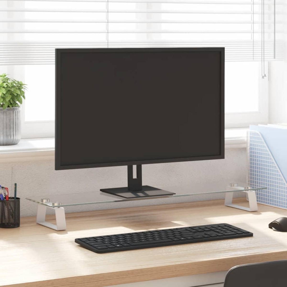 vidaXL Βάση Οθόνης Λευκή 80 x 20 x 8 εκ. από Ψημένο Γυαλί και Μέταλλο
