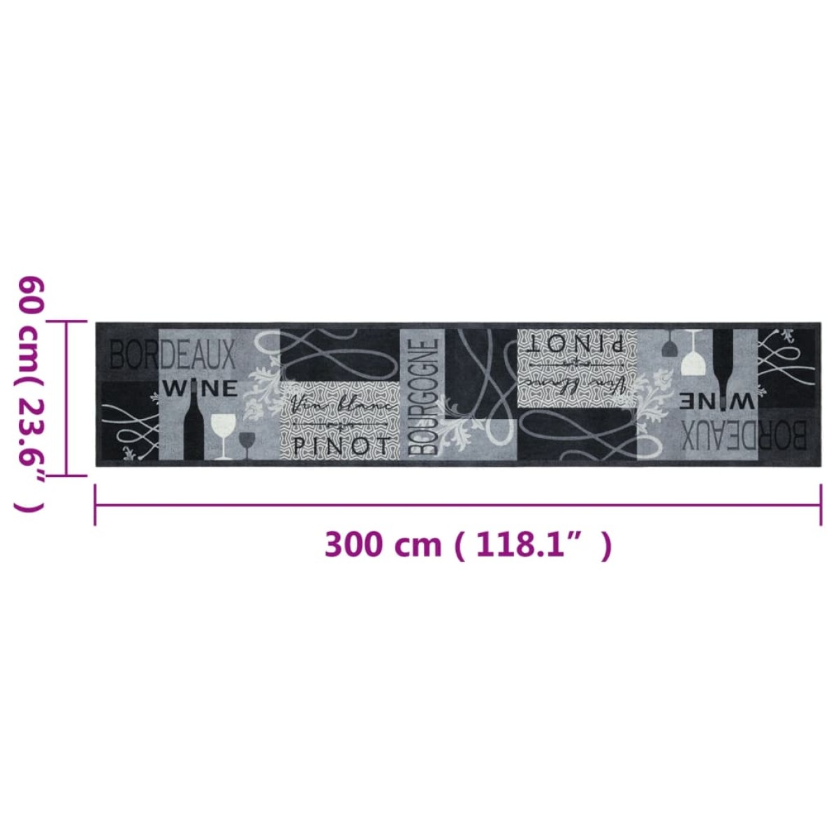 vidaXL Χαλί Κουζίνας Πλενόμενο Γκρι Επιγραφή Wine 60x300 εκ. Βελούδο