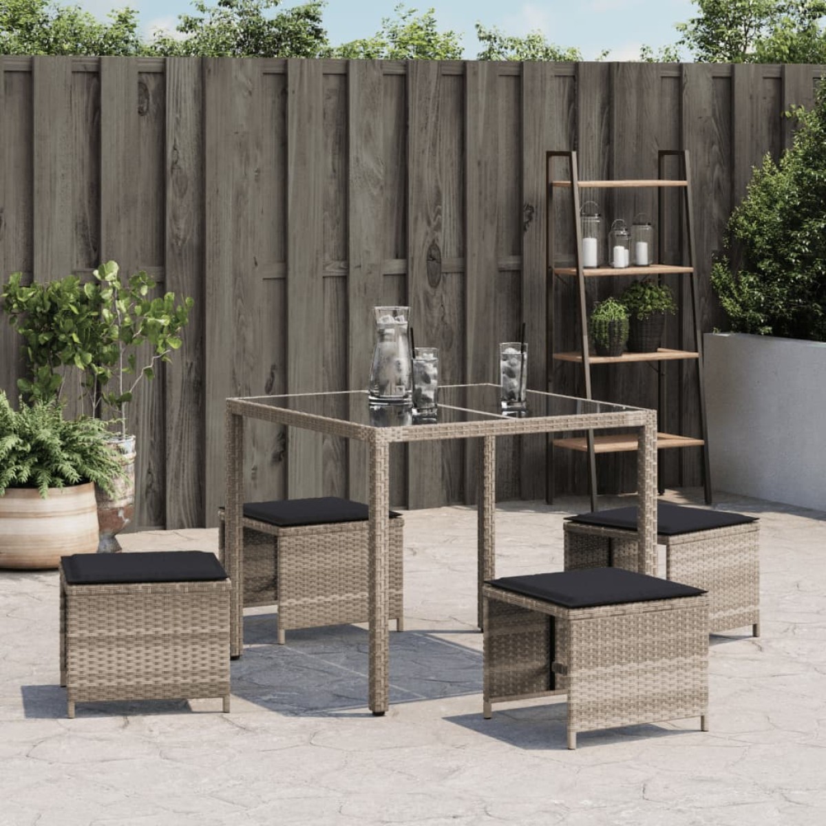 vidaXL Σκαμπό Κήπου 4 τεμ. Αν. Γκρι 40x40x35 εκ. Συνθ. Ρατάν Μαξιλάρια