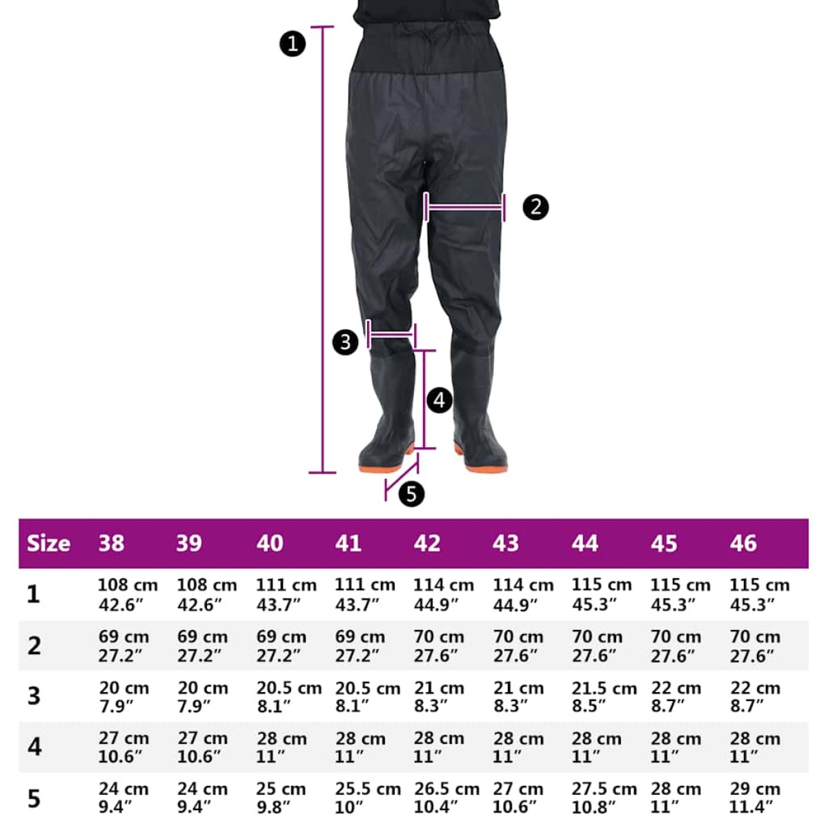 vidaXL Waist Waders με μπότες Μαύρο μέγεθος 44