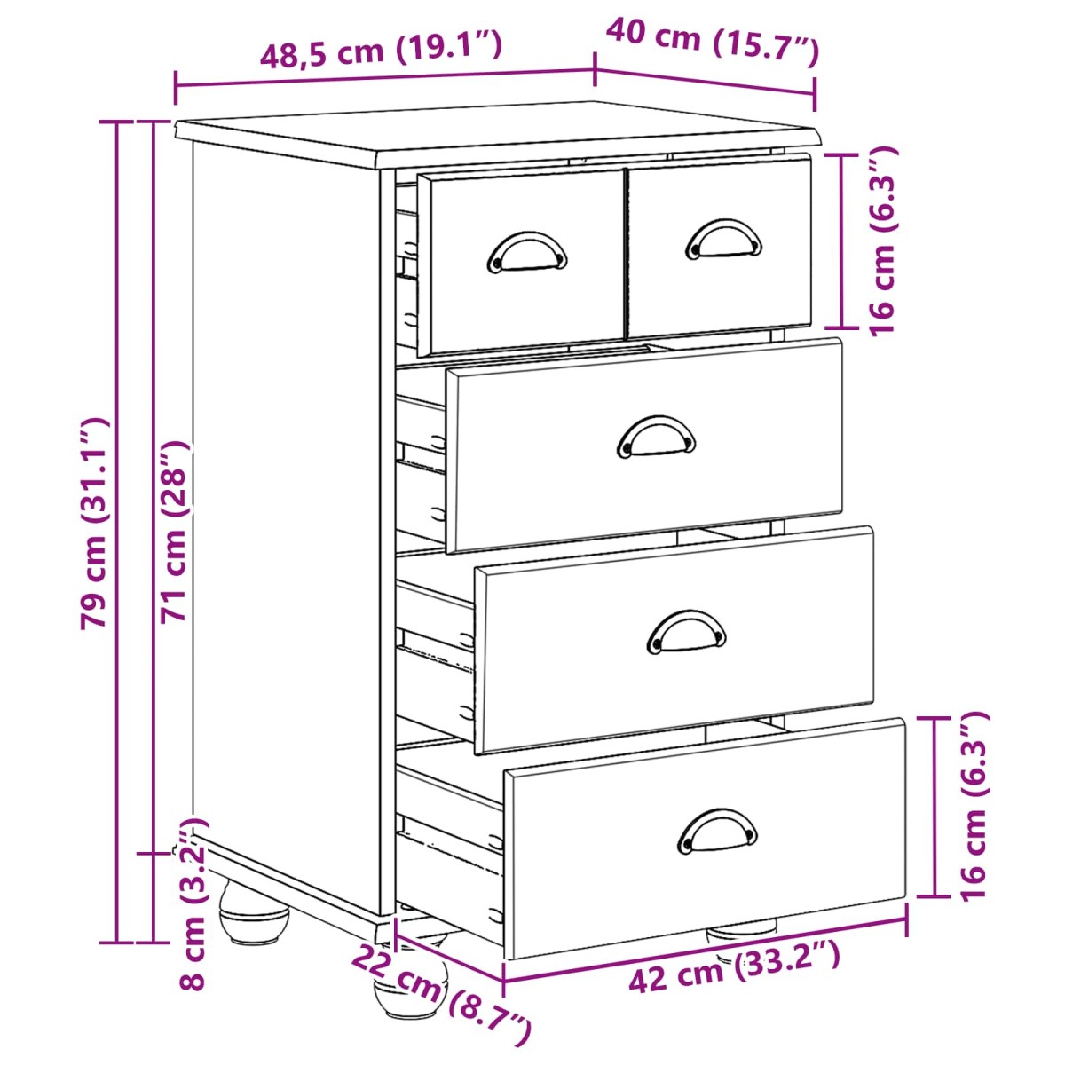 vidaXL Συρταριέρα 5-Συρτάρι ASKIM Λευκό 48,5 x 40 x 79 εκ