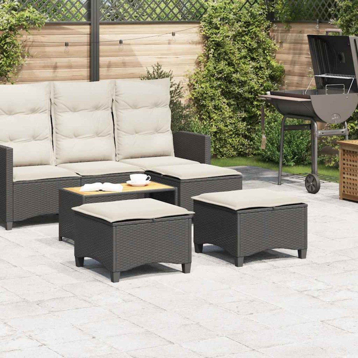 vidaXL Σκαμπό Κήπου με Μαξιλάρια 2 τεμ. Μαύρα 55x55x36 εκ. από Συνθετικό Ρατάν