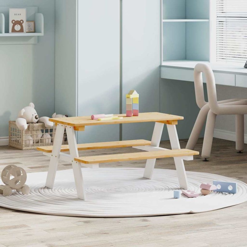vidaXL Παιδικό Τραπέζι με Πάγκους IRUN Λευκό 90x79,5x50 εκ. Μασίφ Ξύλο