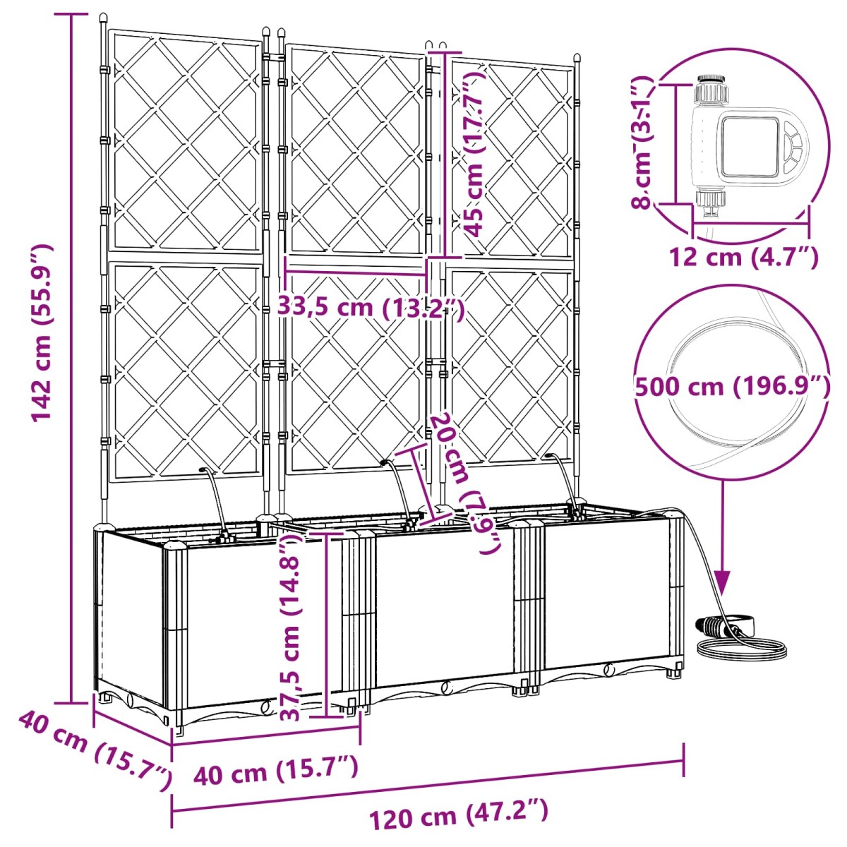 vidaXL Γλάστρα Κήπου 3 τμχ. Γκρι 120 x 40 x 142 cm PP