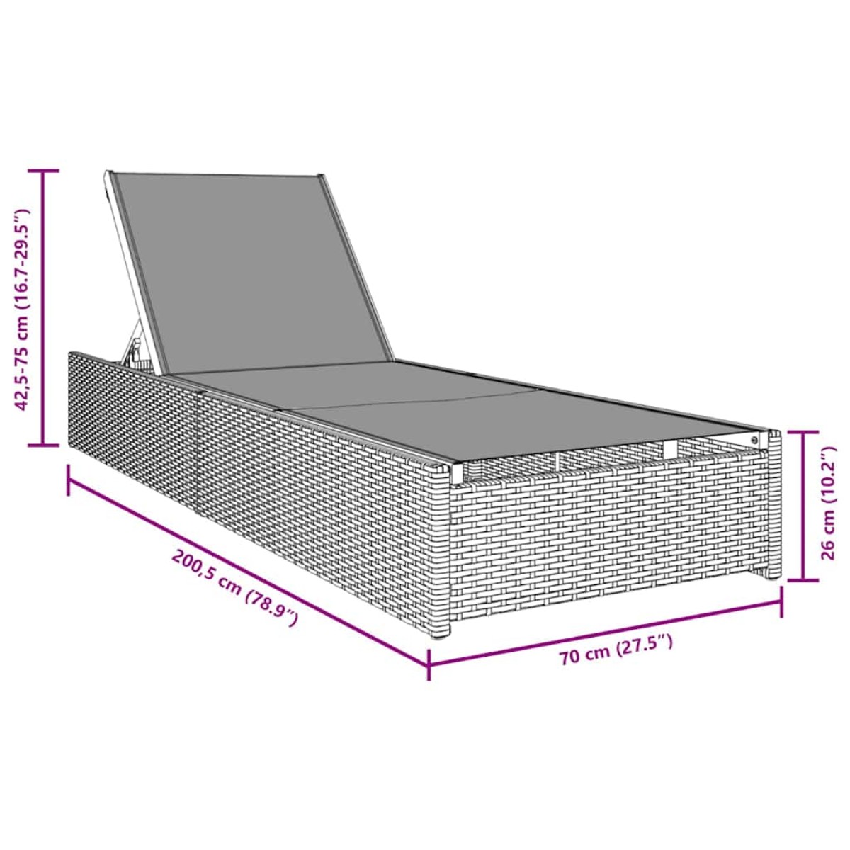 vidaXL Ξαπλώστρα Γκρι 200.5 x 70 x 75 εκ συνθετικό ρατάν