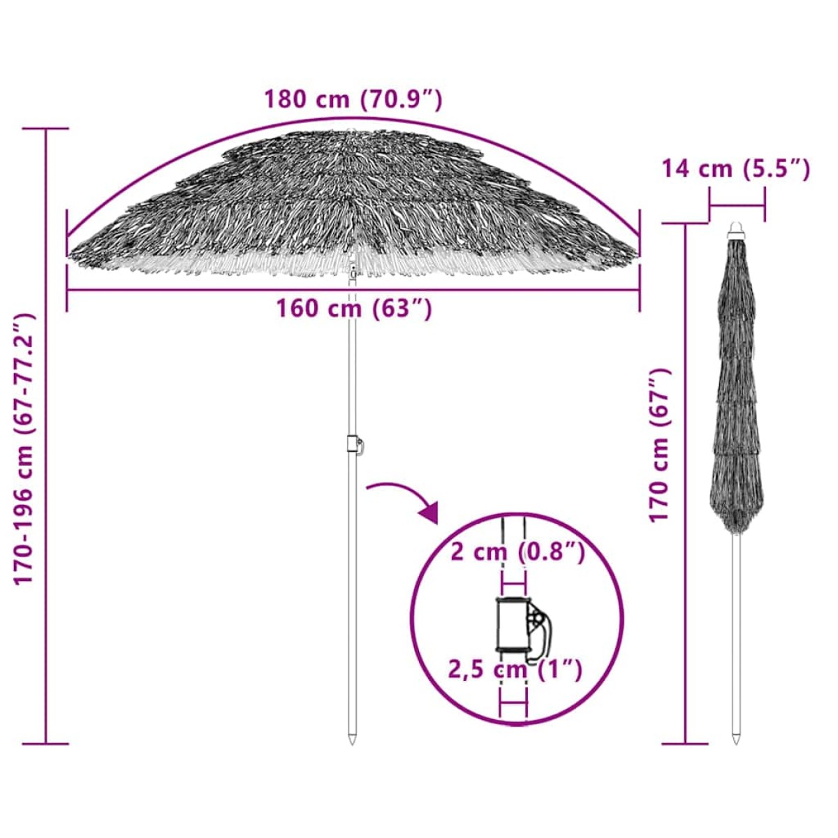 vidaXL Ομπρέλα Κήπου Φυσικό 160 x 160 x 196 εκ