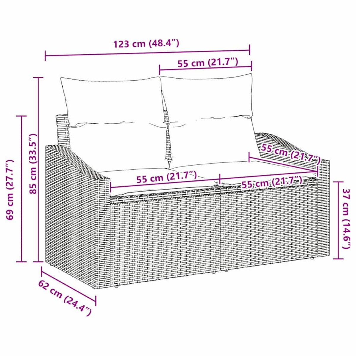 vidaXL Καναπές Κήπου με μαξιλάρι 123 x 62 x 69 εκ συνθετικό ρατάν