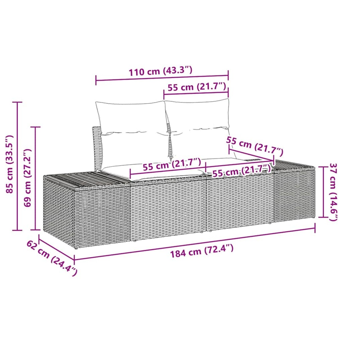 vidaXL Καναπές Κήπου Γκρι 184 x 62 x 69 εκ. συνθετικό ρατάν