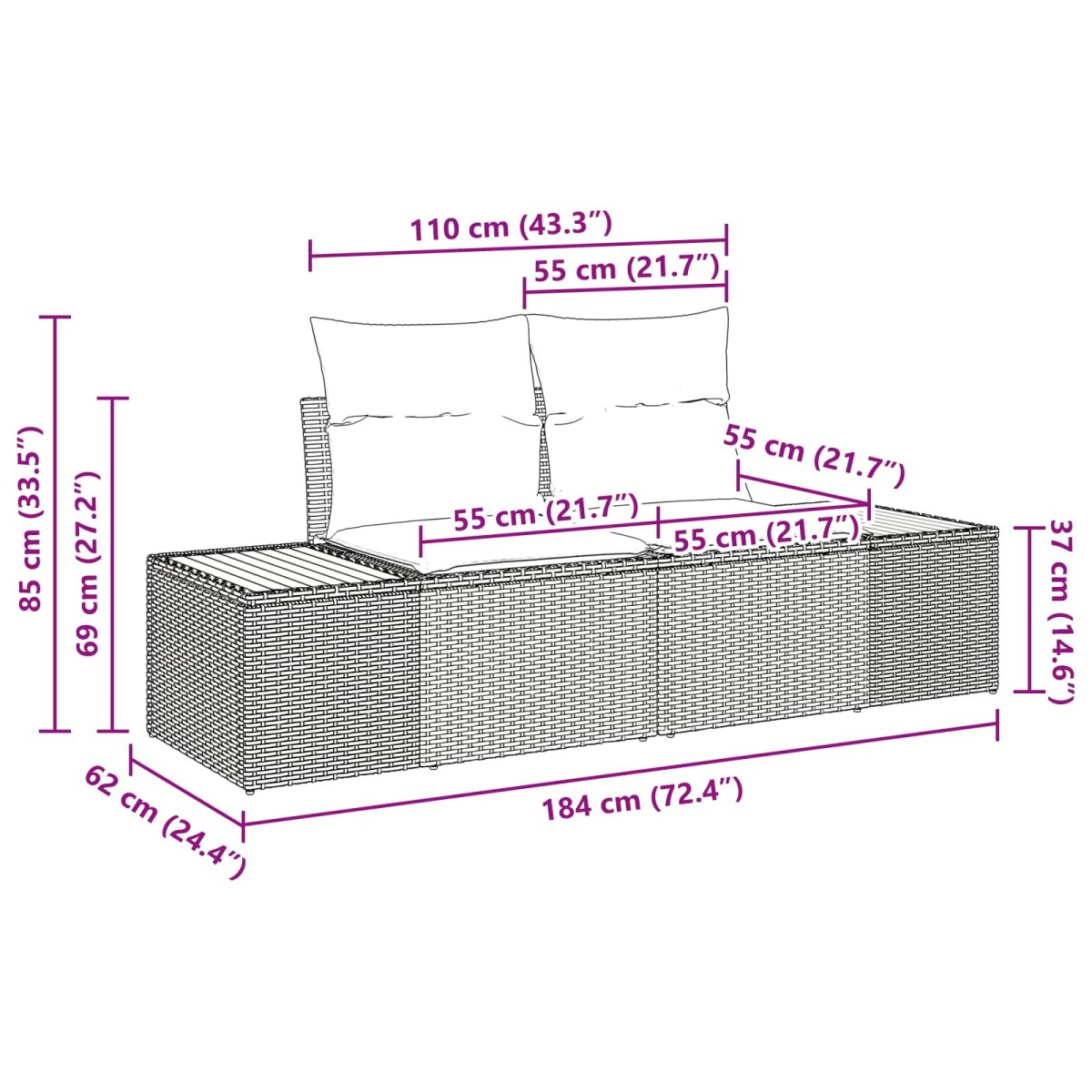 vidaXL Καναπές Κήπου Μαύρο 184 x 62 x 85εκ συνθετικό ρατάν