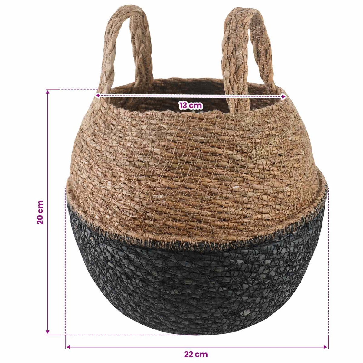 vidaXL Γλάστρα με Χερούλια 2 τμχ. Μαύρο Ø 22 x 20 cm 100% Θαλασσόχορτο