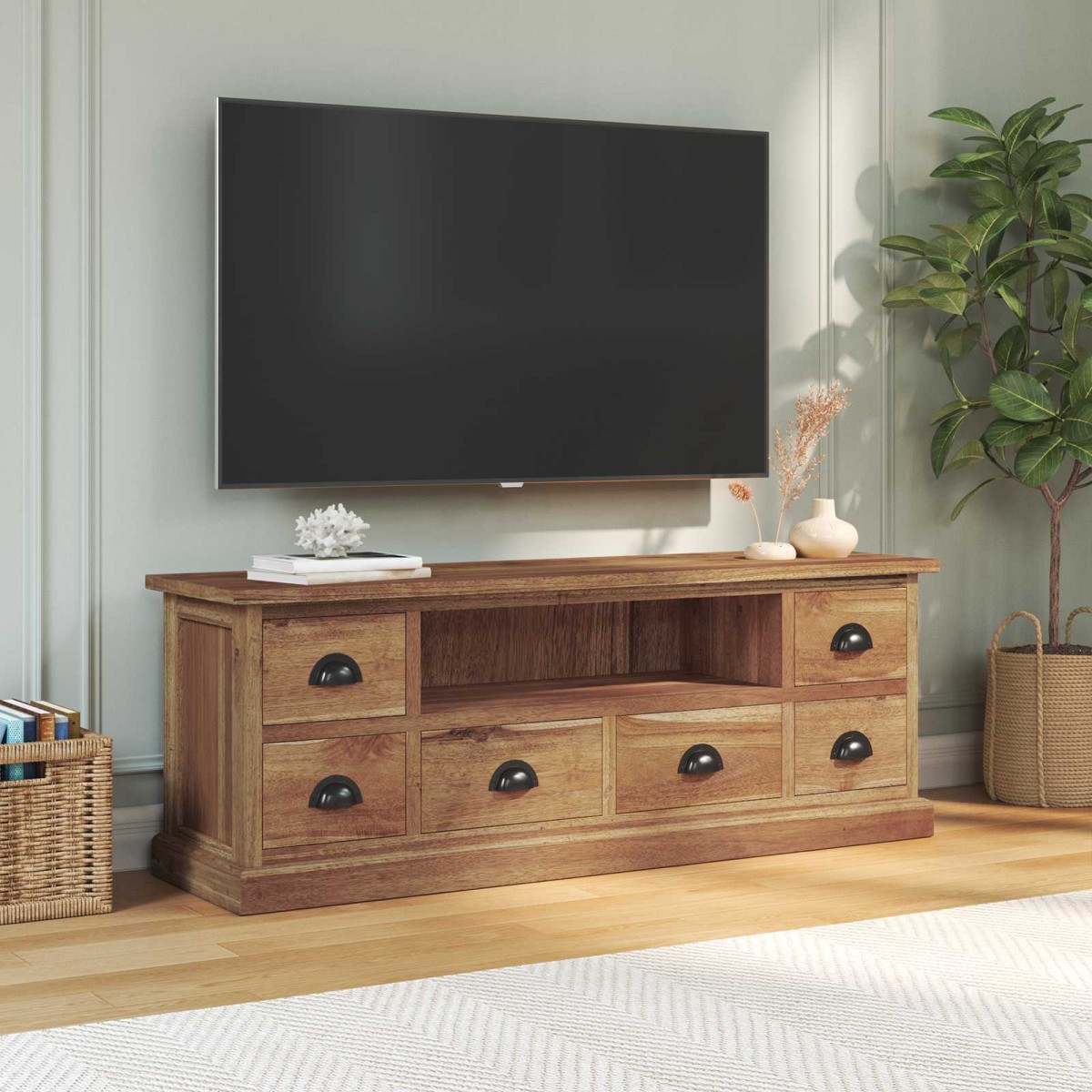 vidaXL Βάση TV με συρτάρι Φυσικό 110 x 30 x 40 cm Στερεό Ξύλο Τίκ
