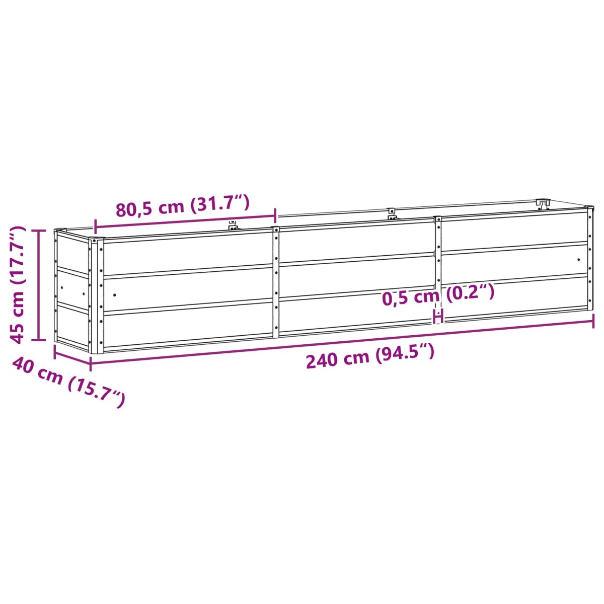 vidaXL Γλάστρα Ανοιχτό γκρι 240 x 40 x 45 cm Ατσάλι