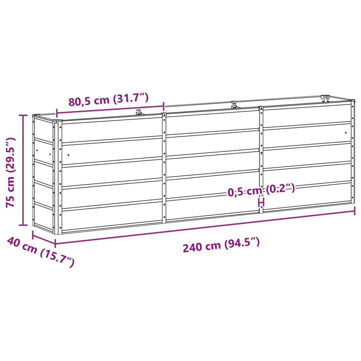 vidaXL Γλάστρα Ανοιχτό γκρι 240 x 40 x 75 εκ. Ατσάλι