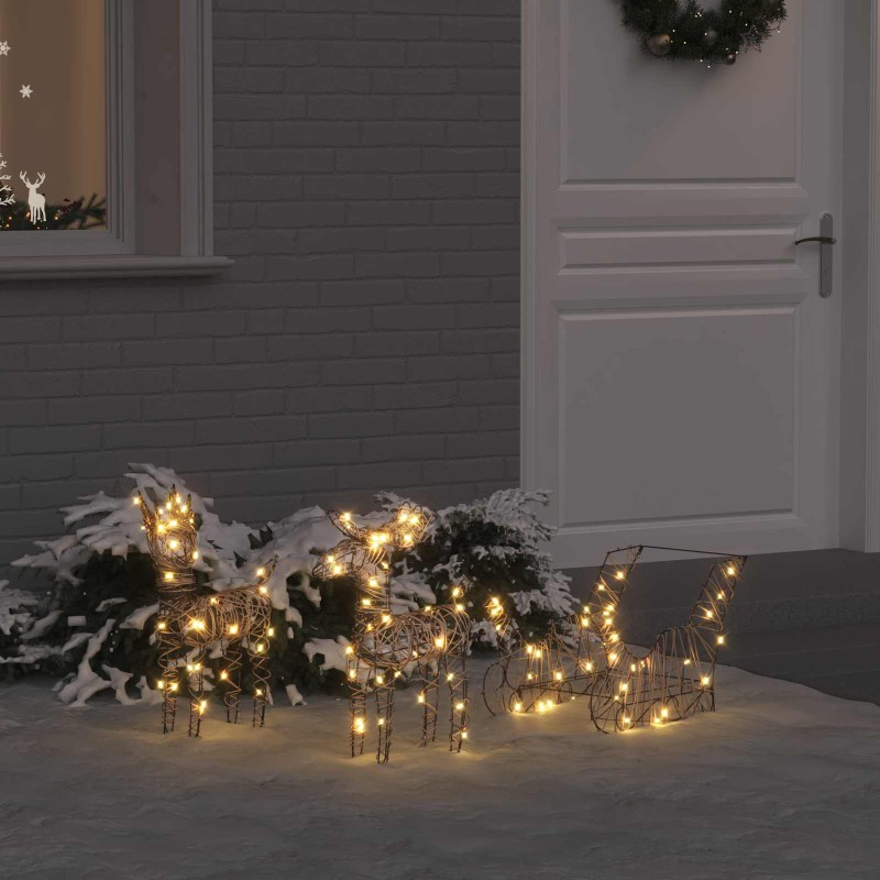 vidaXL Έλκηθρο με Ελάφια με 160 LED Θερμό λευκό 53 x 28 x 33 εκ Ρατάν