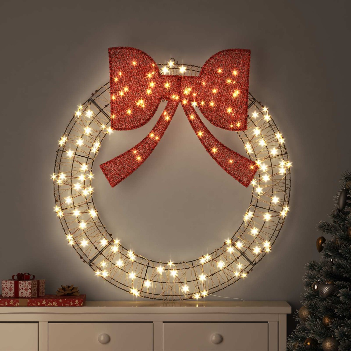 vidaXL Στεφάνι με 150 LED Θερμό λευκό 121 x 121 x 10 εκ Ρατάν