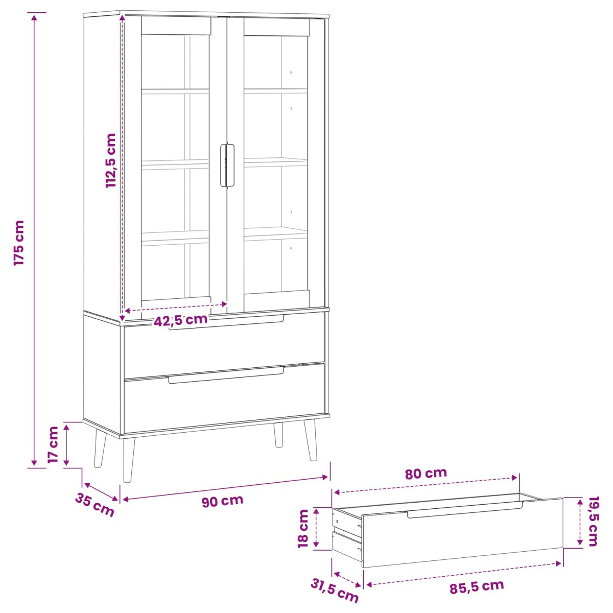 vidaXL Γυάλινη Βαθιά Ντουλάπα MOLDE 90 x 35 x 175 εκ Μασίφ Ξύλο Πεύκου