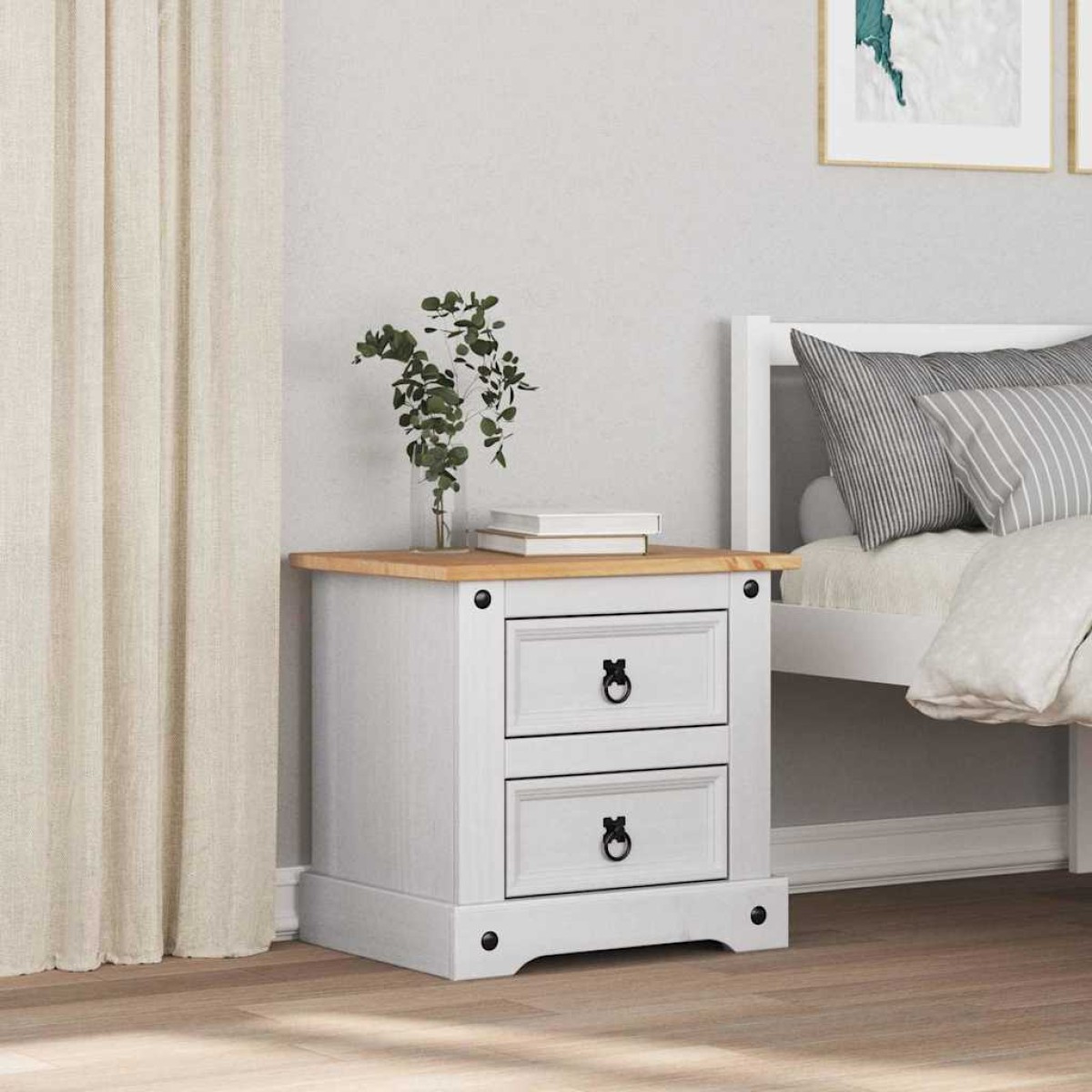 vidaXL Κομοδίνο Corona Λευκό 53 x 39 x 47 εκ Στερεά ξυλεία πεύκου