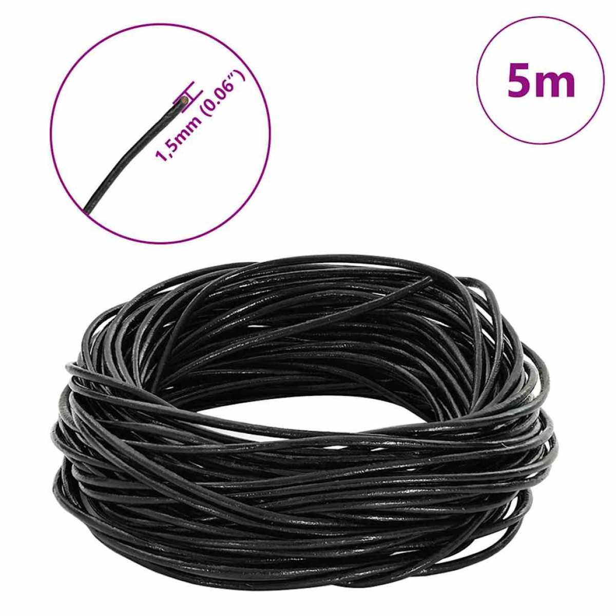 vidaXL Δερμάτινο σχοινί 1 Μαύρο Ø1,5 χιλ. x 5 μ. Δέρμα