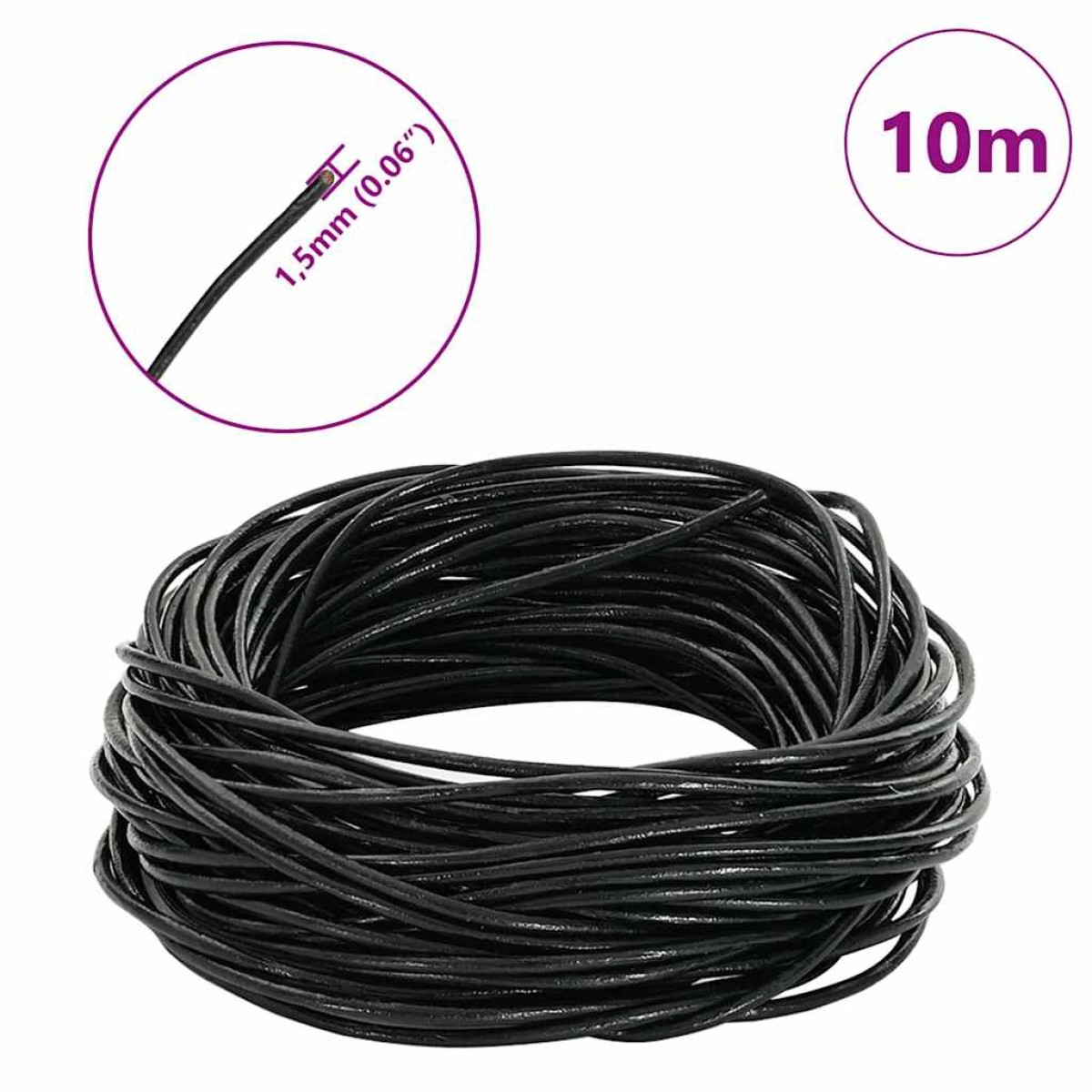 vidaXL Δερμάτινο σχοινί 1 Μαύρο Ø1,5 χιλ. x 10 μ. Δέρμα
