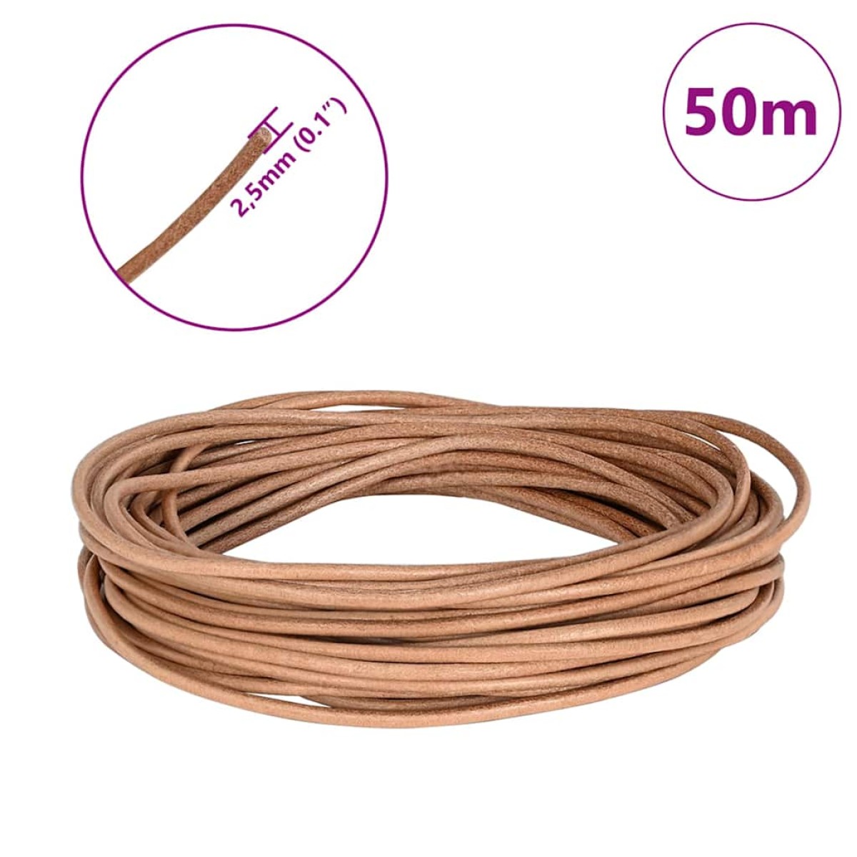 vidaXL Δερμάτινο σχοινί 1 Καφέ Ø2,5 χιλ. x 50 μ. Δέρμα