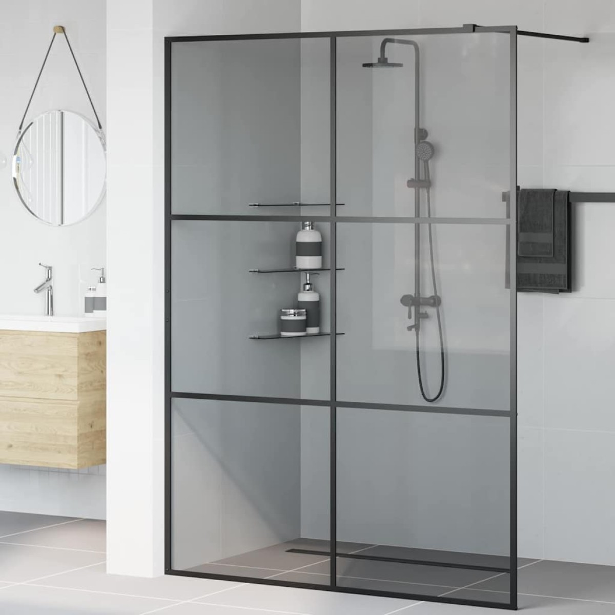 vidaXL Τοίχος Ντους Walk-in Μαύρο 140 x 195 cm σκληρυμένο γυαλί