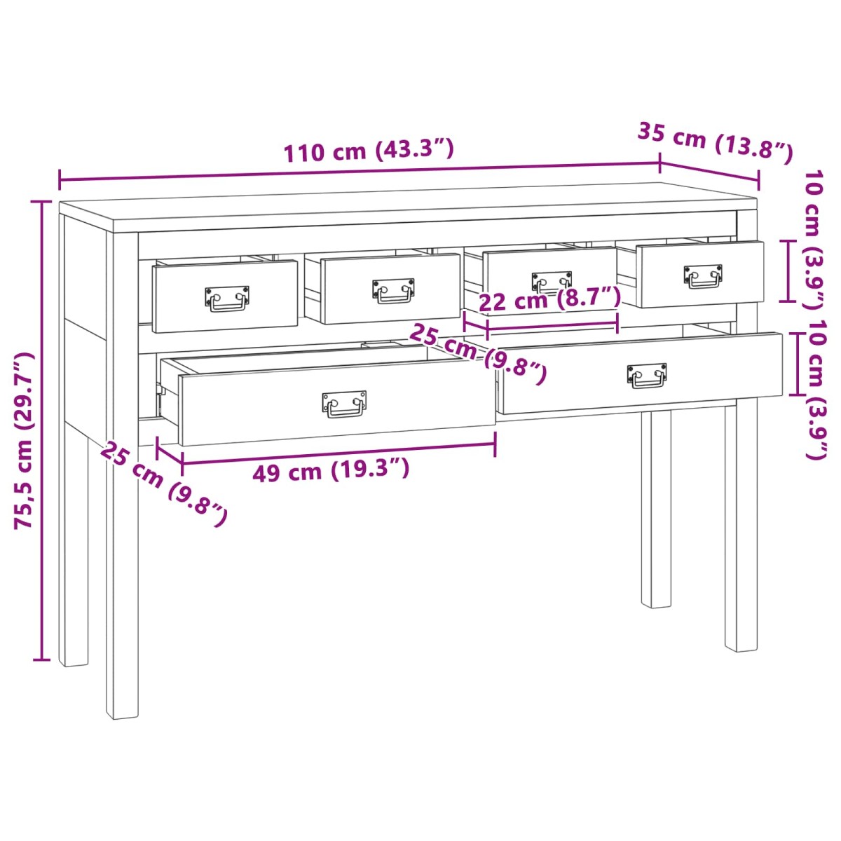 vidaXL Πλαϊνό γραφείο Φυσικό 110 x 35 x 75,5 εκ Στερεό Ξύλο Τίκ