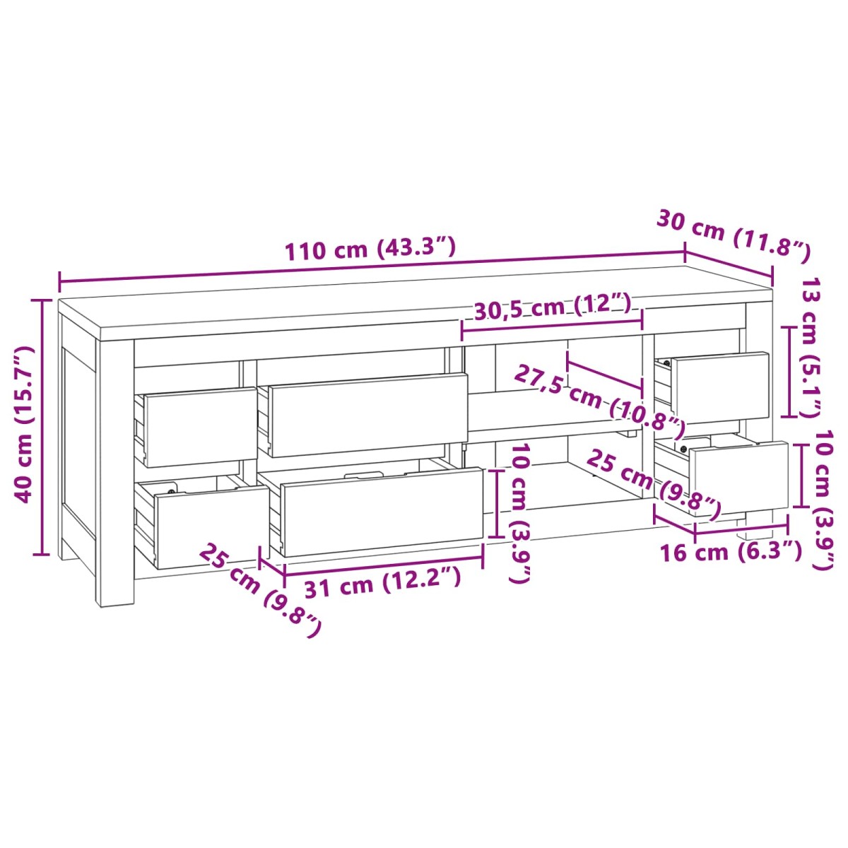 vidaXL Έπιπλο τηλεόρασης 110 x 30 x 40 cm Φυσικό Στερεό Ξύλο Τίκ