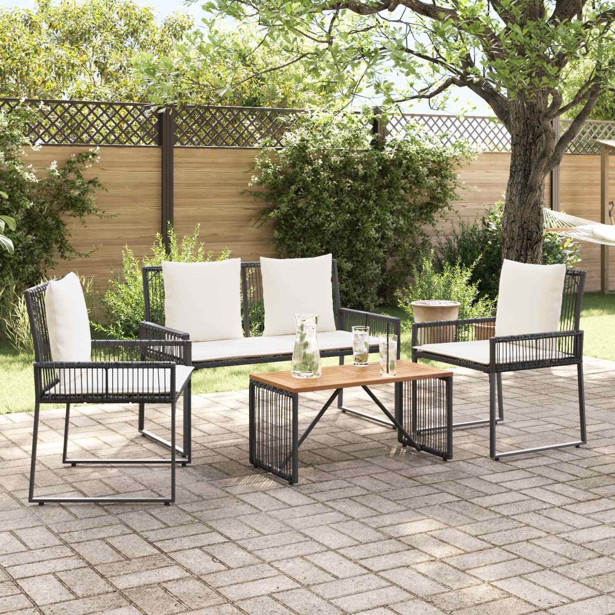vidaXL Σετ Εξωτερικών Επίπλων με μαξιλάρι 4 pcs Μαύρο και Κρεμ Λευκό