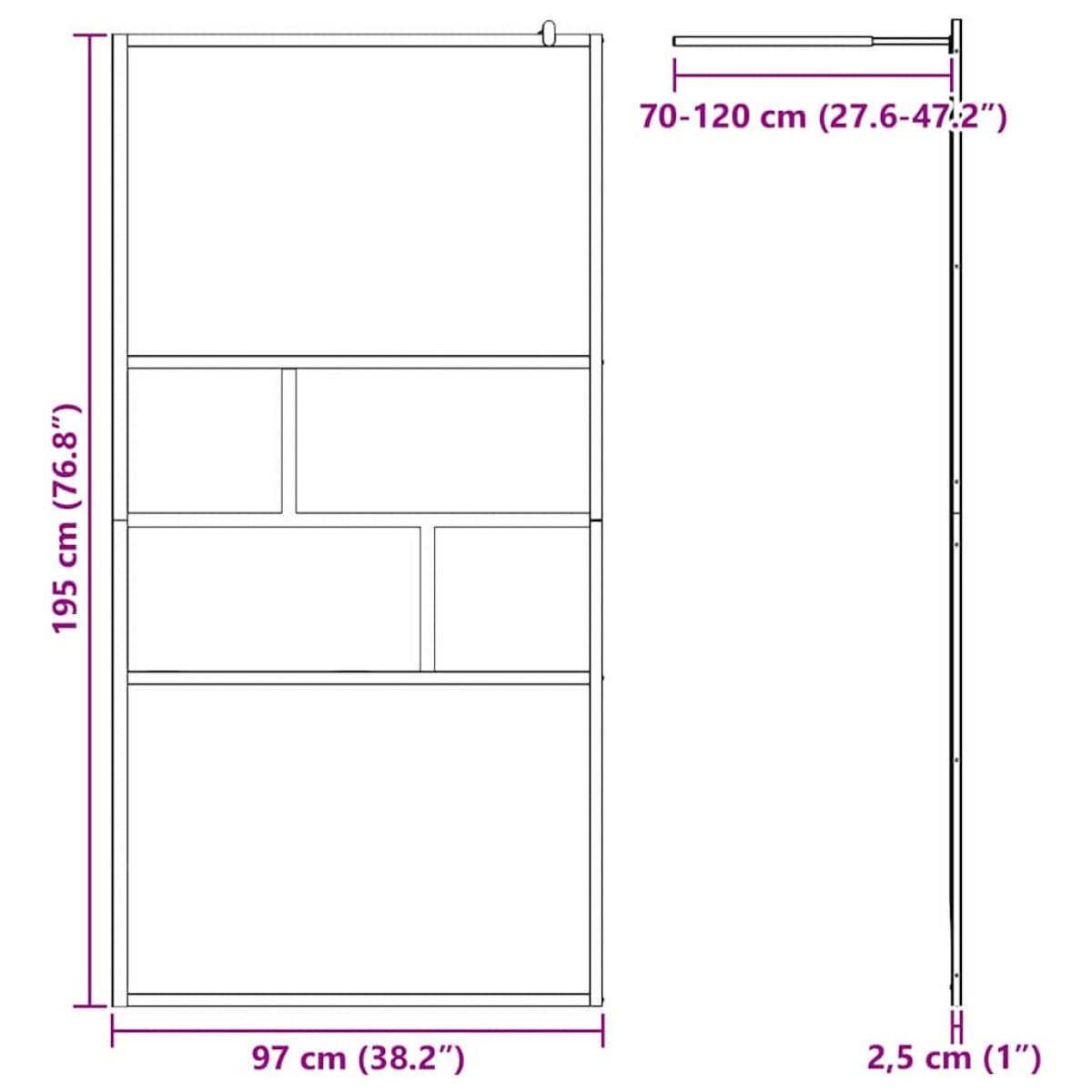 vidaXL Τοίχος Ντους Walk-in Μαύρο 100 x 195 x 0,5 εκ.
