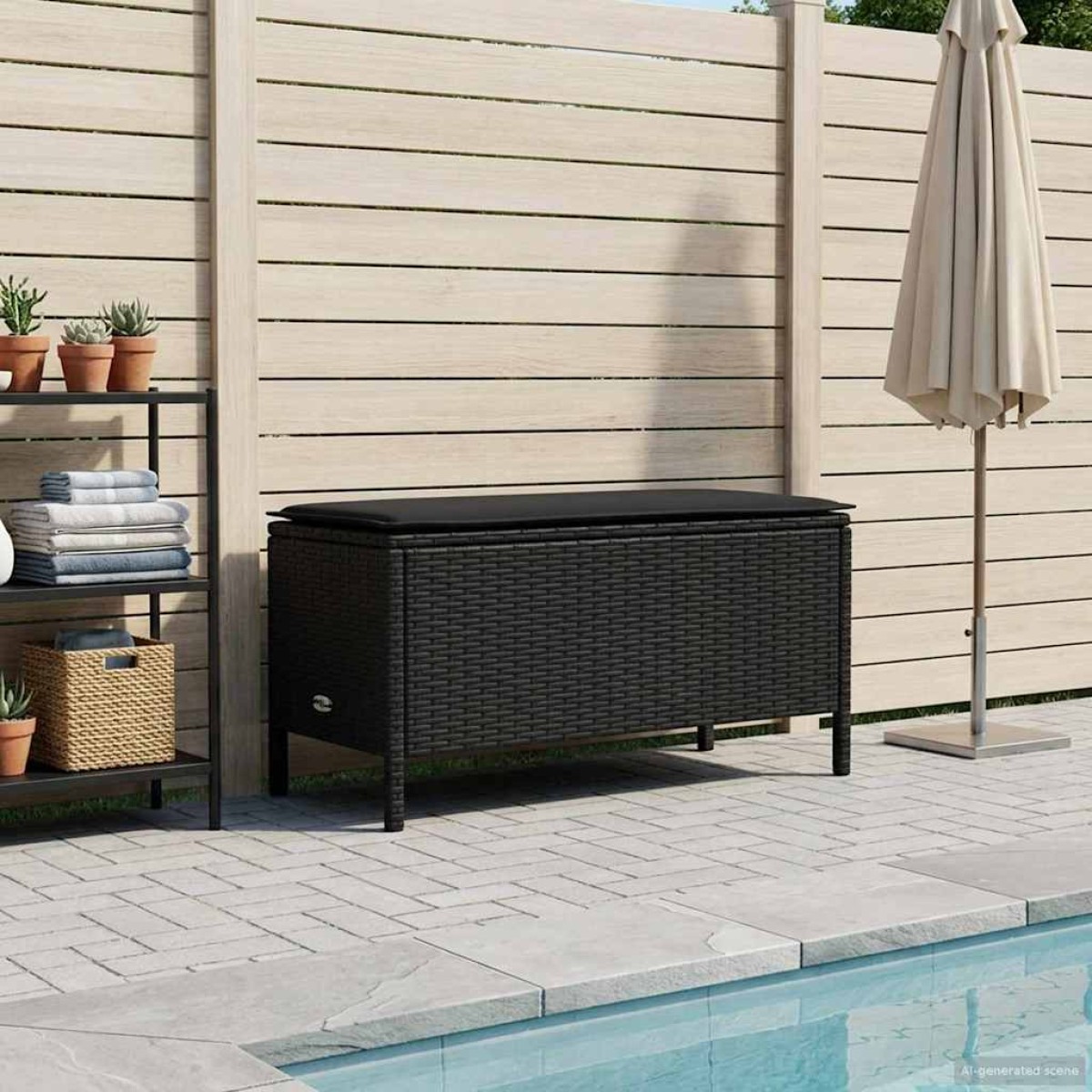 vidaXL Σκαμπό Κήπου με μαξιλάρι Μαύρο 80 x 38 x 45 cm Ράτα PE