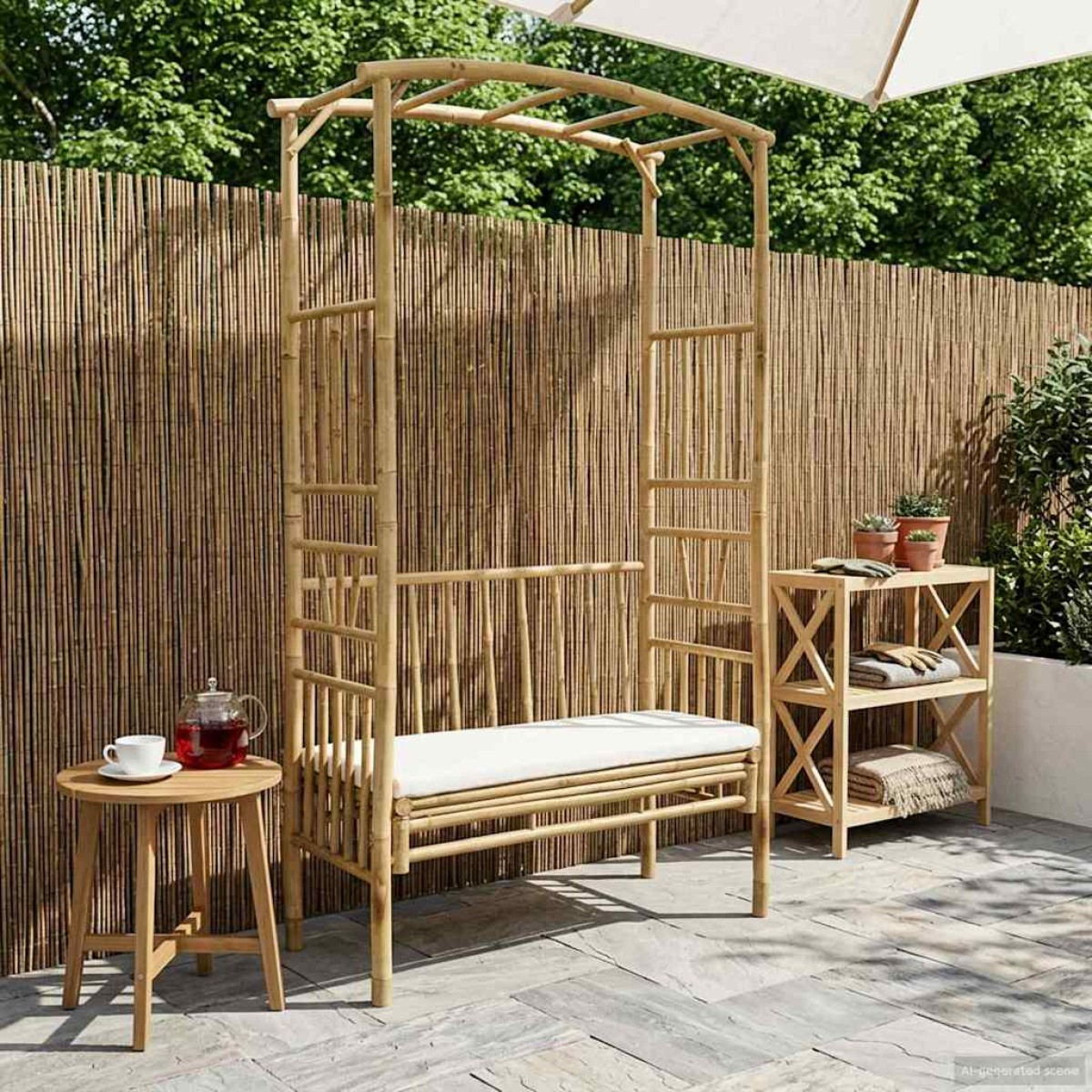 vidaXL Κήπος Καμάρα με Παγκάκι Λευκό κρεμ 115 x 50 x 205 εκ. Μπαμπού