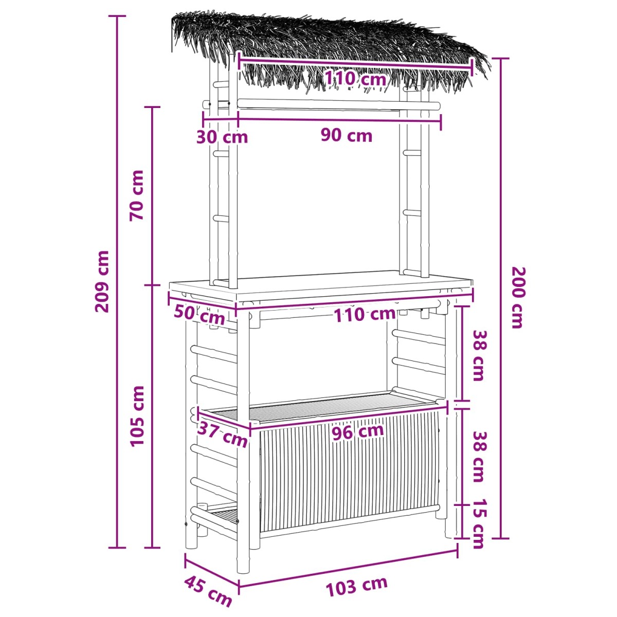 vidaXL Εξωτερικό τραπέζι μπαρ Φυσικό 110 x 50 x 209 εκ. Μπαμπού