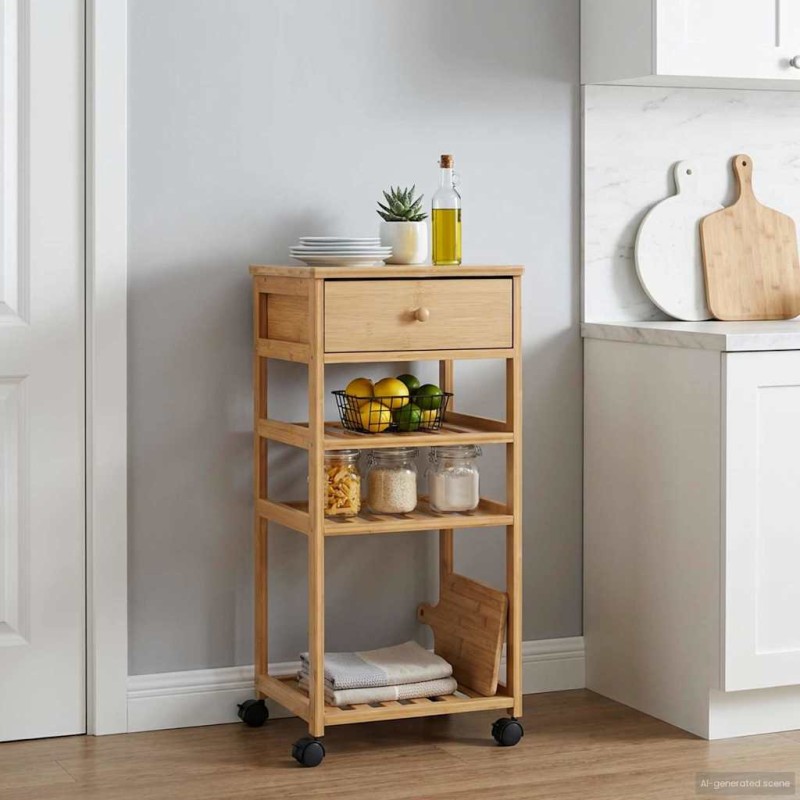 vidaXL Καλάθι κουζίνας με ρόδες Φυσικό 37 x 36 x 80 εκ Μπαμπού