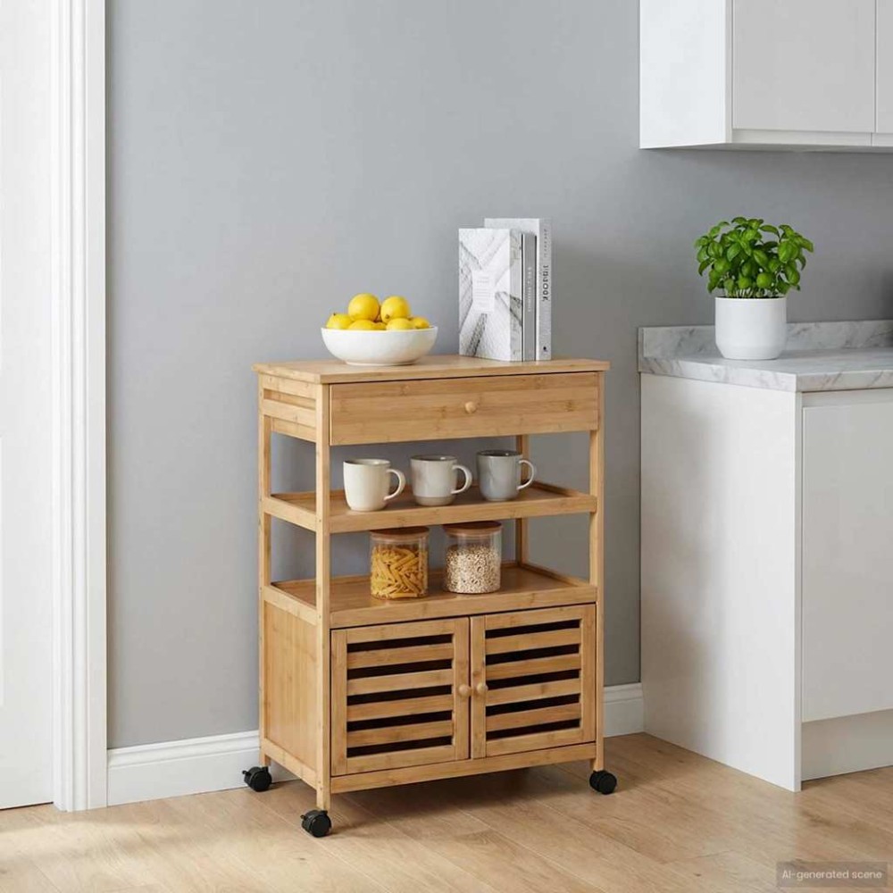 vidaXL Καλάθι κουζίνας με ρόδες Φυσικό 59,5 x 36 x 82 εκ Μπαμπού