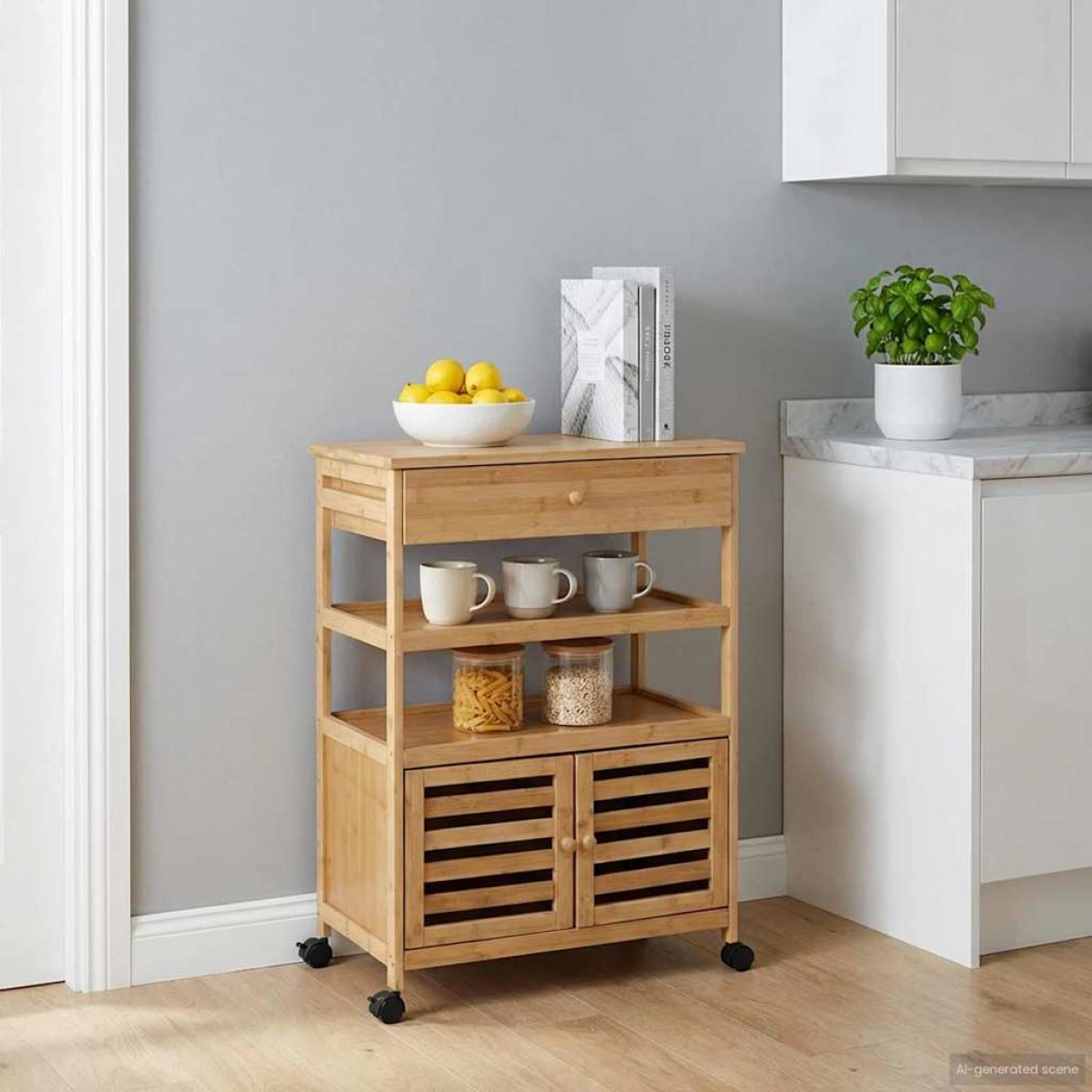 vidaXL Καλάθι κουζίνας με ρόδες Φυσικό 59,5 x 36 x 82 εκ Μπαμπού