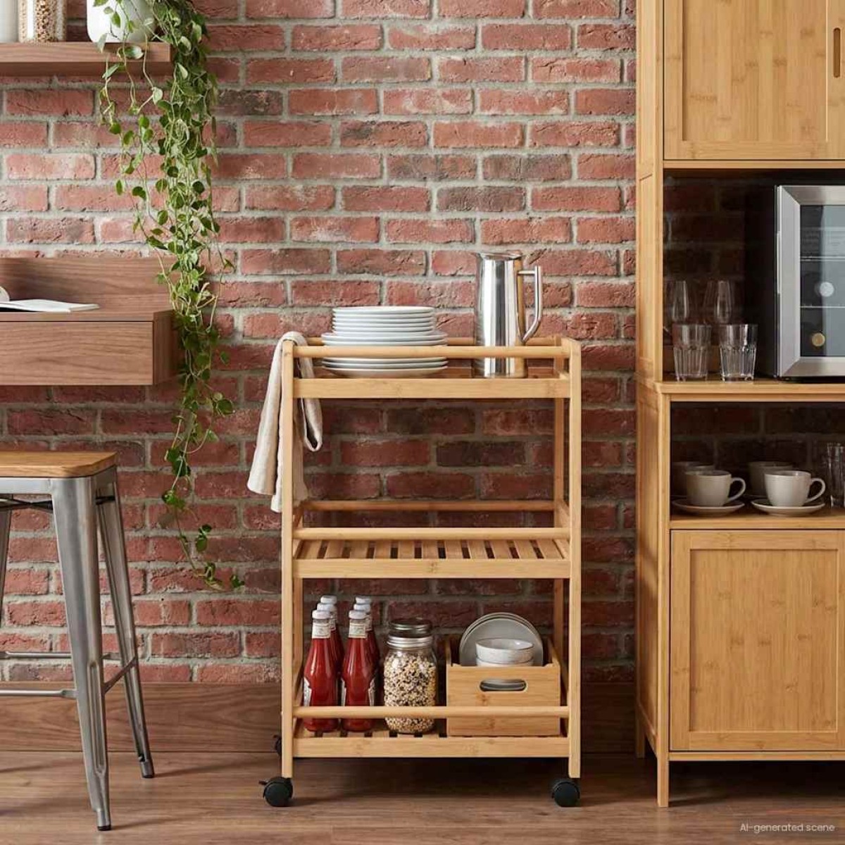 vidaXL Καλάθι κουζίνας με ρόδες Φυσικό 46 x 38 x 76 εκ. Μπαμπού