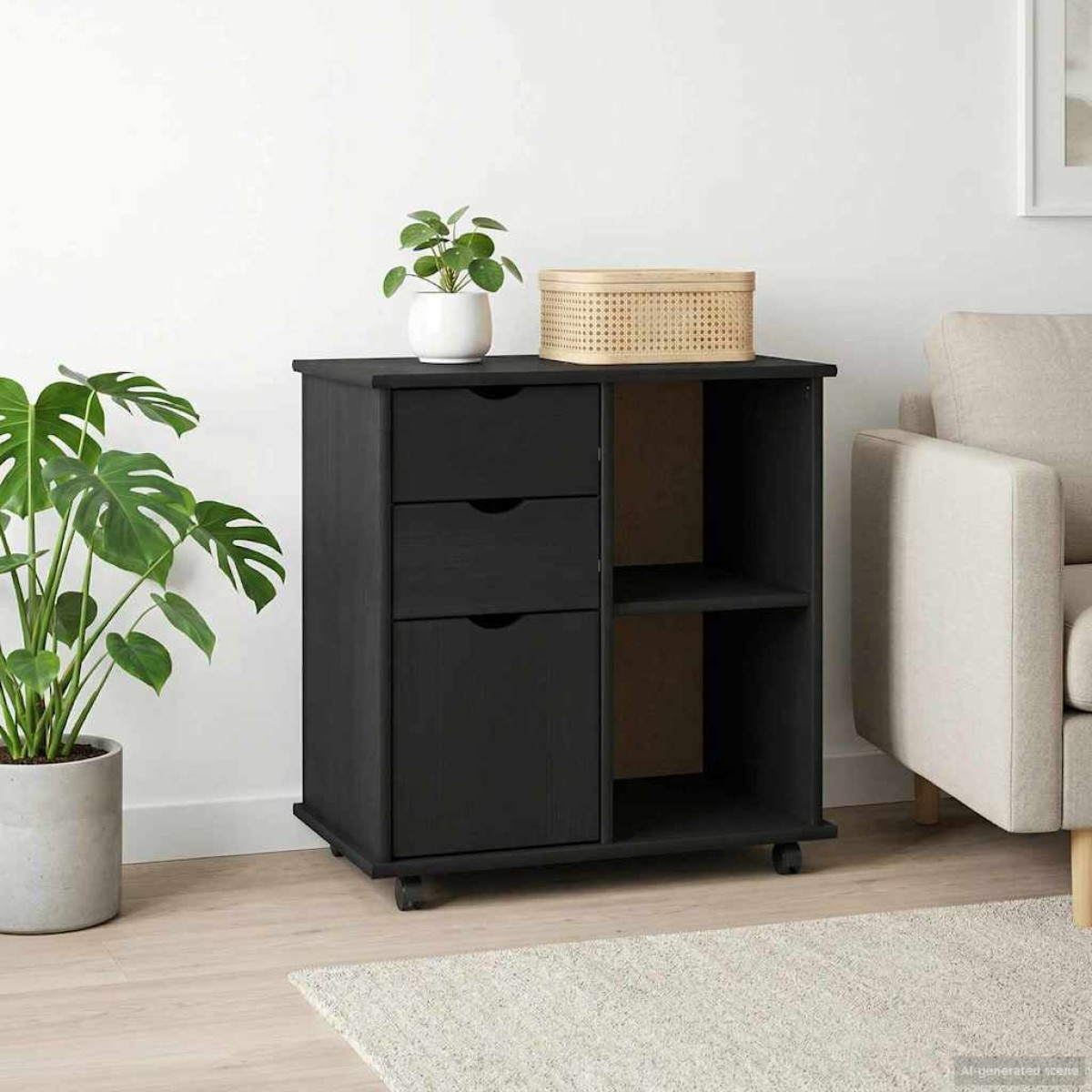 vidaXL Κινητό Ντουλάπι Μαύρο 63,5 x 39 x 65,5 εκ. Στερεό ξύλο πεύκου