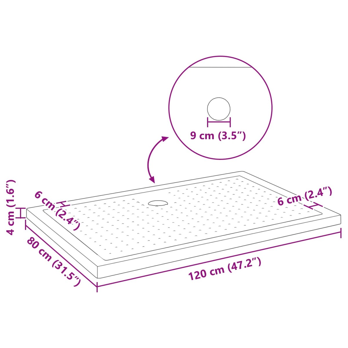 vidaXL Δίσκος Βάσης Ντους με Τρύπες 120 x 80 x 4 εκ. ABS Μαύρο